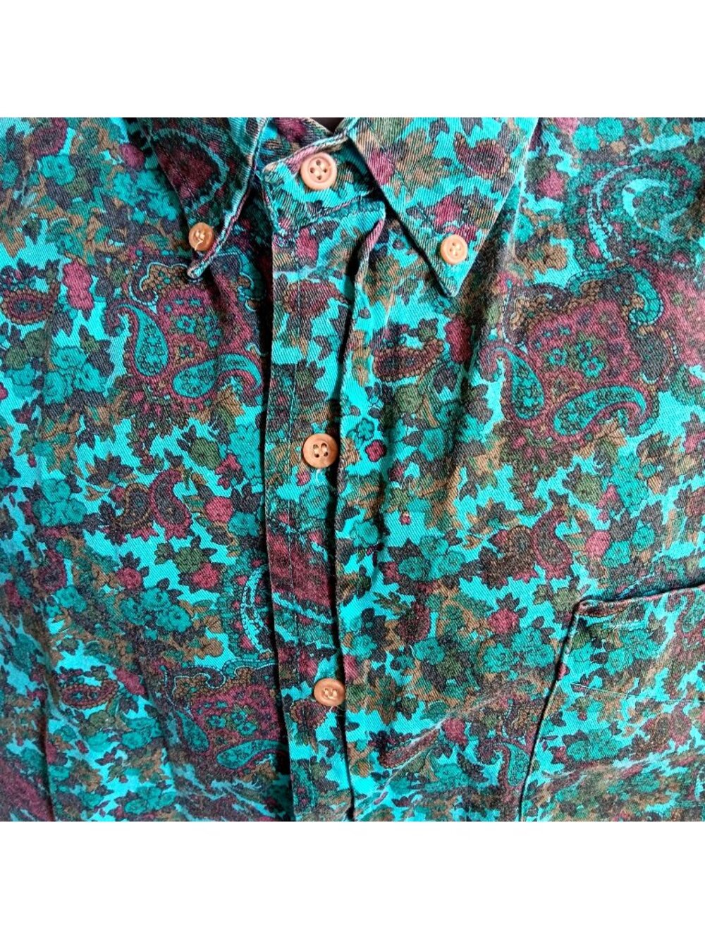 XL True Vintage Men's Shirt Button-Up Paisley 1990's Oxford Collar Preppy Denim